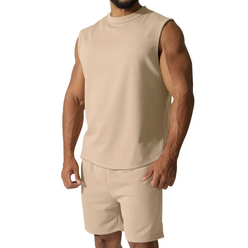 Men's sleeveless sports suit two-piece set in cotton blend fabric showing top and matching shorts