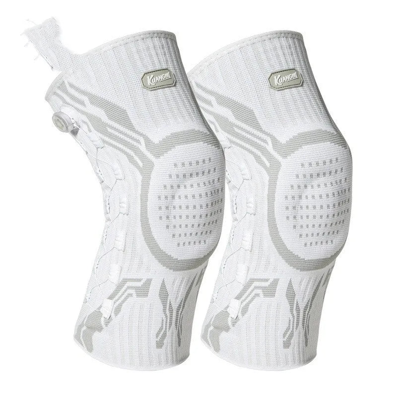 Grey and white sports knee pads for left and right knee, shown with size tags M, L, and XL.