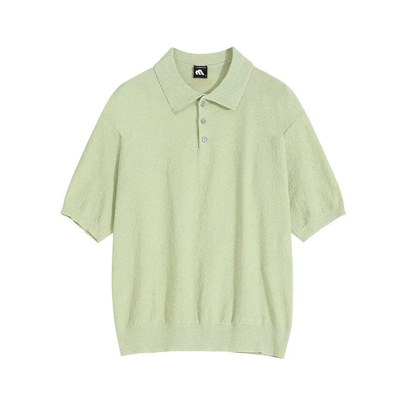 Men's retro knitted polo shirt in caramel colour with asymmetric design and short sleeves