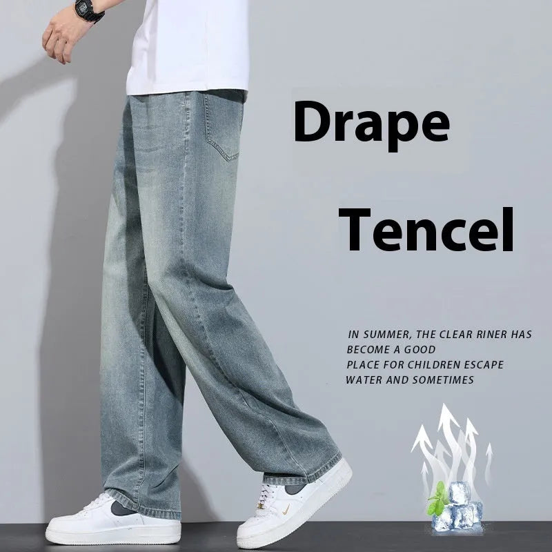 Straight-leg trousers in thin ice silk denim with wide-leg casual styling and zip fly