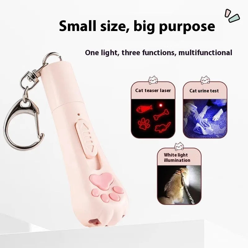 Charging cat teaser pet toy with pen light in cream white, pink, or sky blue.