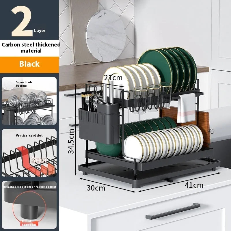 White double-layer removable kitchen draining and storage rack with carbon steel construction