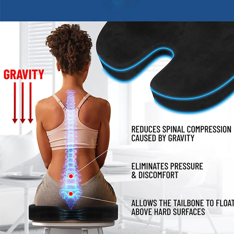 Black U-shaped memory foam office seat cushion on a chair