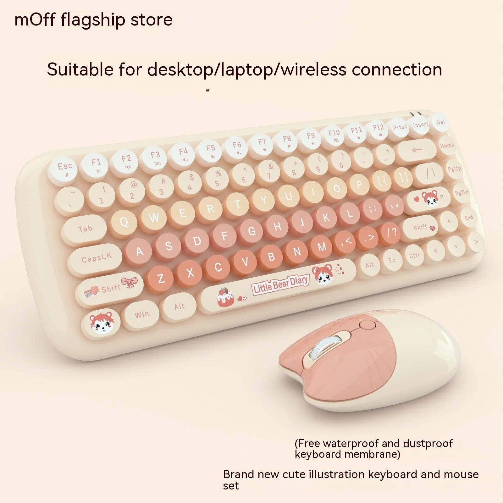 Pink wireless keyboard and mouse set with compact design on a desk