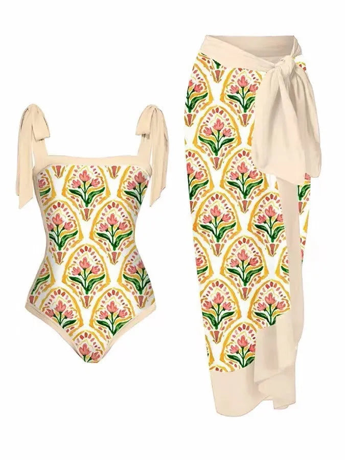 Women's printed floral swimsuit set with chiffon cover-up skirt