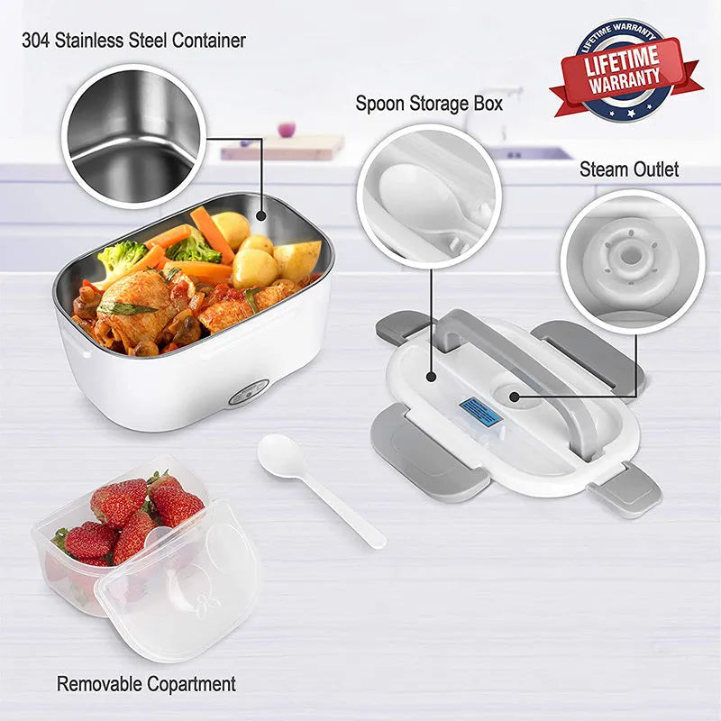 Grey electric heating lunch box with stainless steel inner tank for car and home use