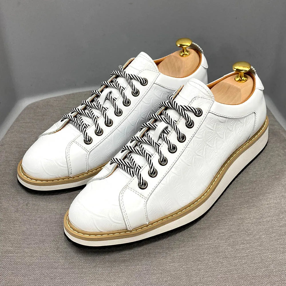 Men's low-top lace-up leather shoes with embossed pattern in black, green, white, and grey colour options