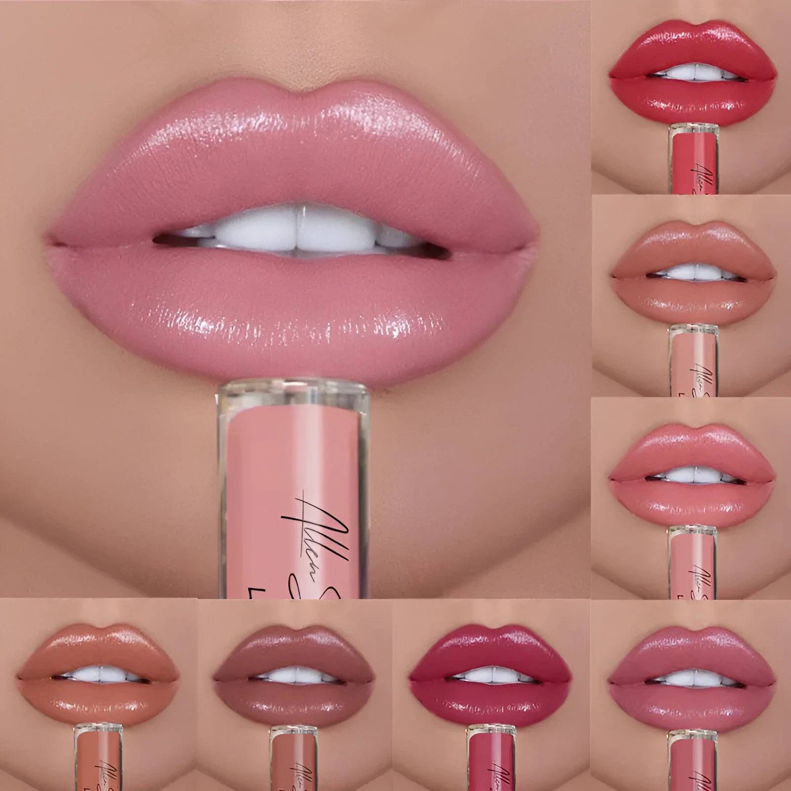Silky cream texture lip gloss in a choice of 12 colours, shown with mineral-based ingredients.