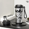 Insulated vacuum cup with creative design showing colour options including green, black, pink purple, and blue and red variations