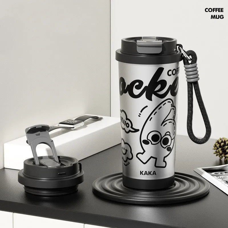 Insulated vacuum cup with creative design showing colour options including green, black, pink purple, and blue and red variations
