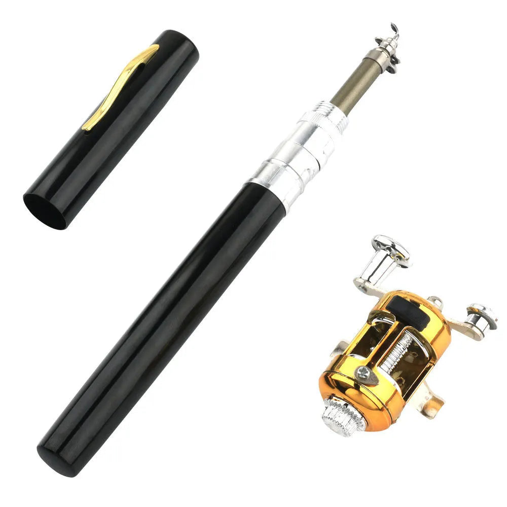 Gold telescopic fishing rod extended from aluminium pen case with ST5RL drum attached