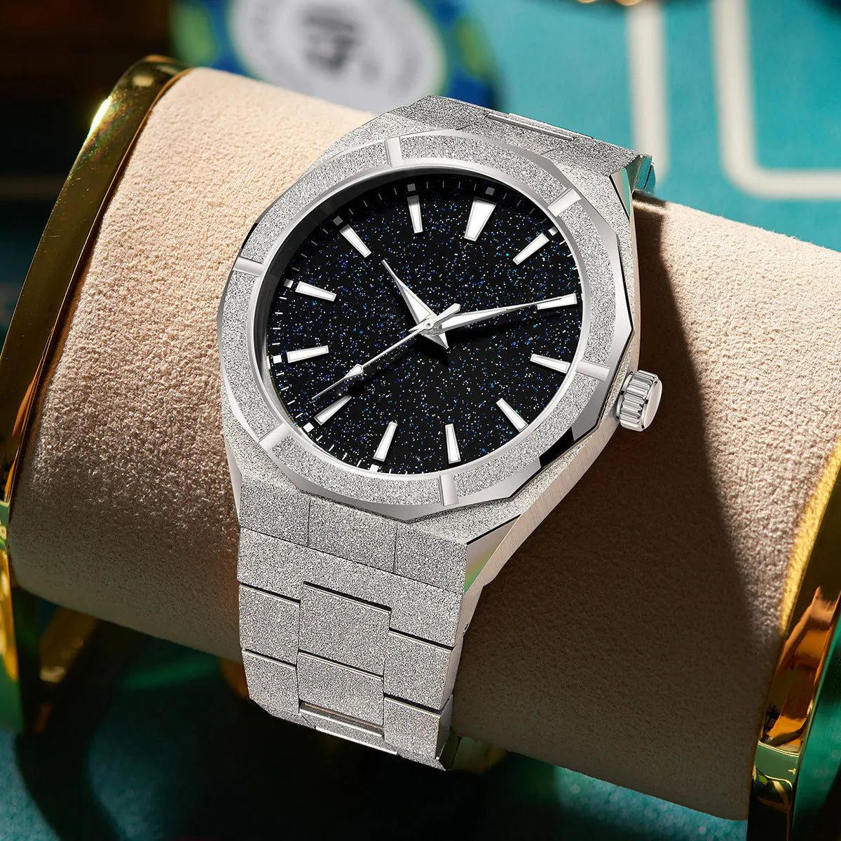 Men's frosted stainless steel business watch with luminous markers in silver colour