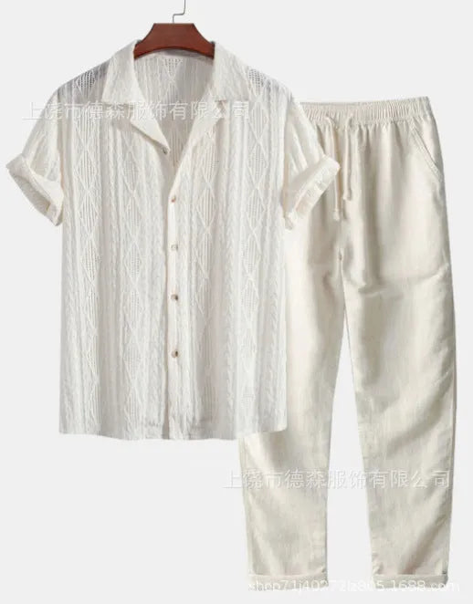 Men's loose fit summer shirt and trousers suit in polyester milk silk fabric available in six colours