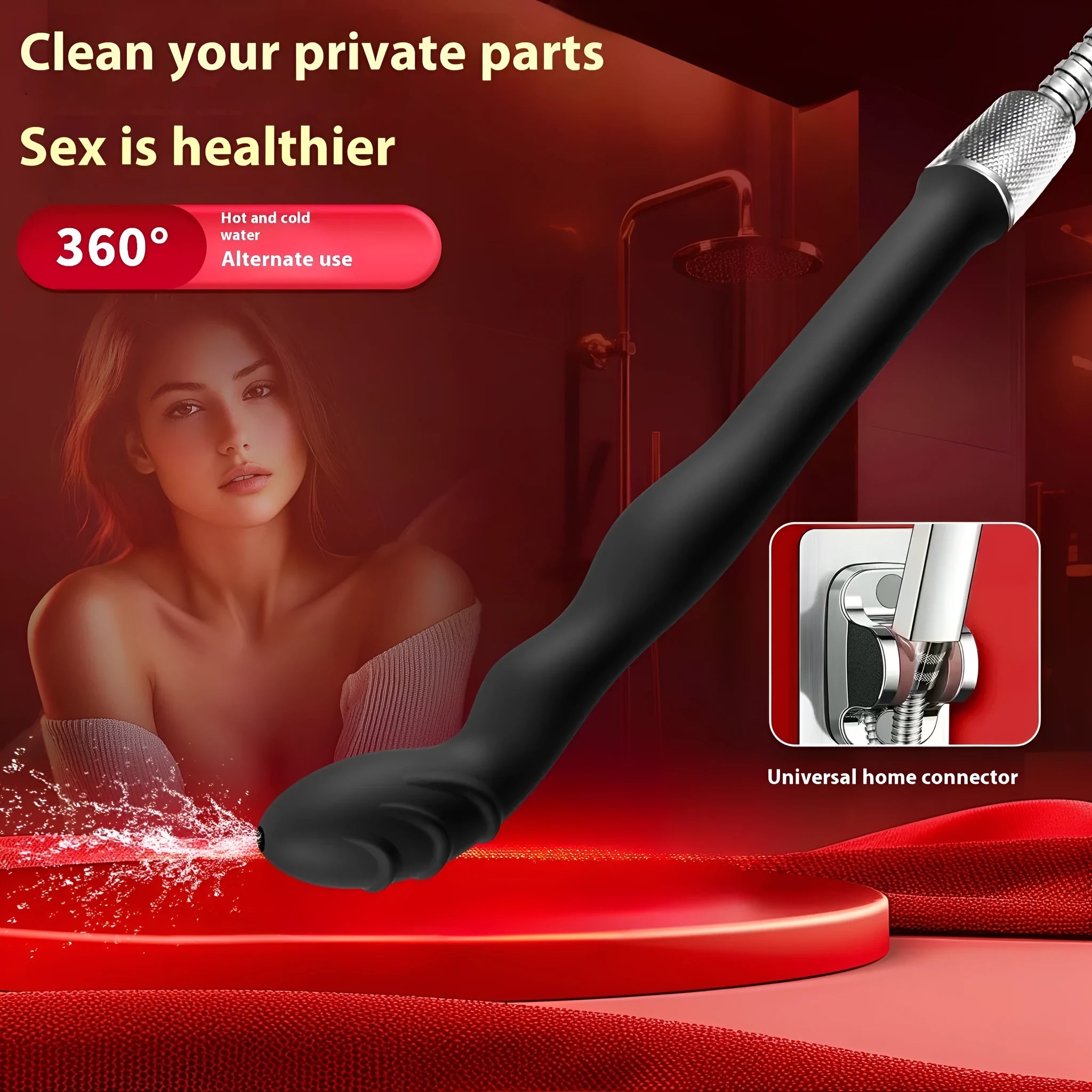 Black silicone hosepipe flusher with enema attachment for cleaning and irrigation