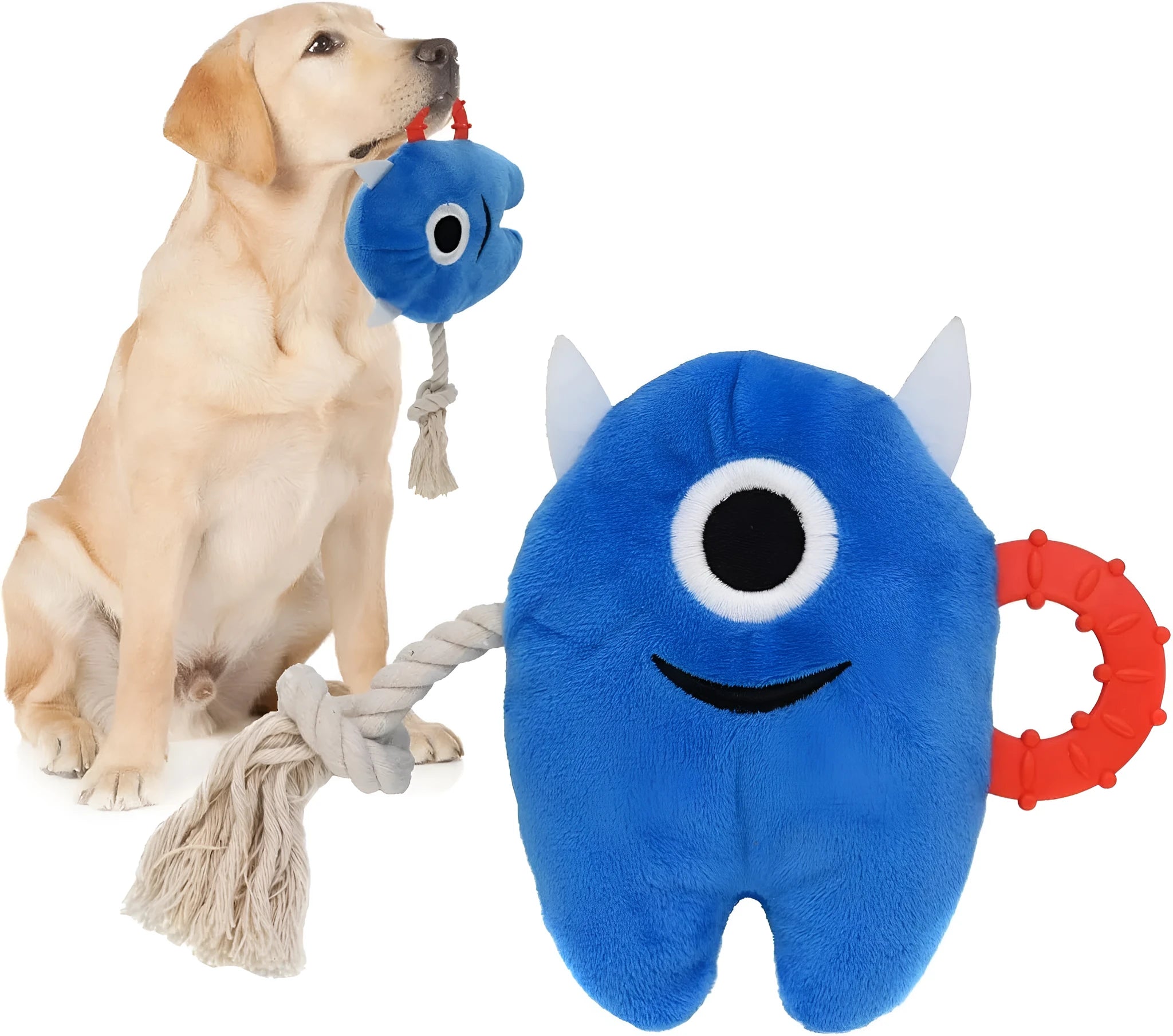 Blue monster dog toy with plush body and woven rope sections for chewing and tugging