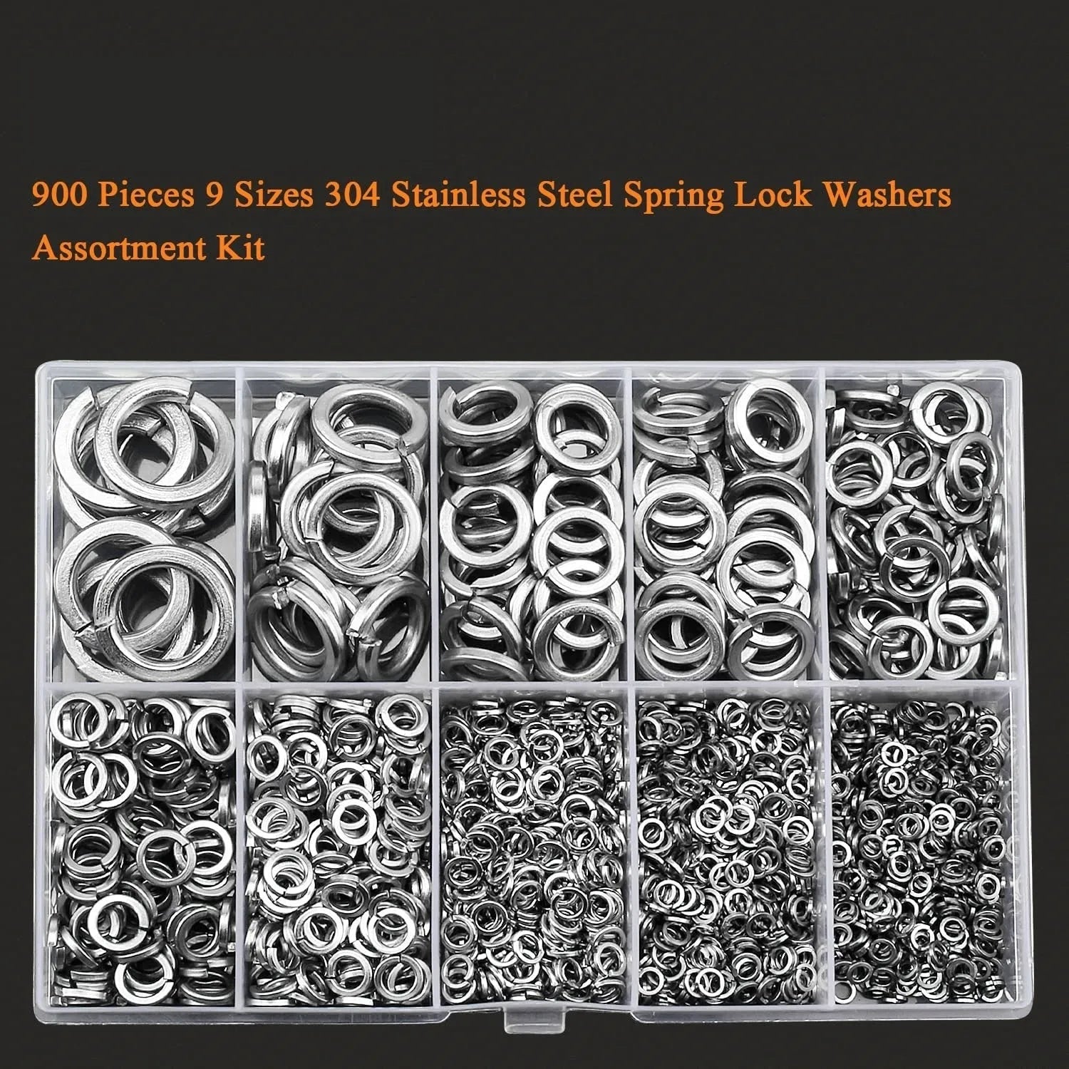 Open box showing assortment of 304 stainless steel spring lock and flat washers in various sizes.