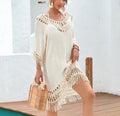Apricot crocheted knitted patchwork beach dress with half sleeves and mid-length skirt