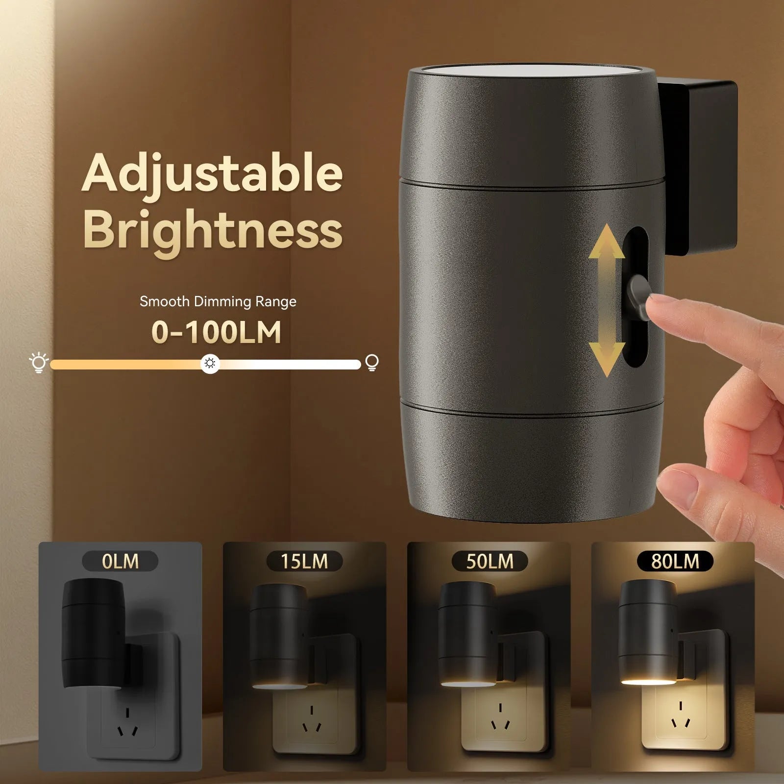 Small white adjustable plug-in night lamp with rotatable head shown in a bedside socket