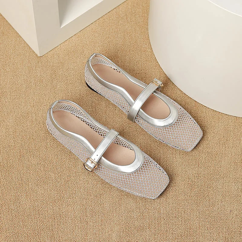 Women's beige mesh hollow out pumps with a square toe and buckle fastening on a flat beef tendon sole.