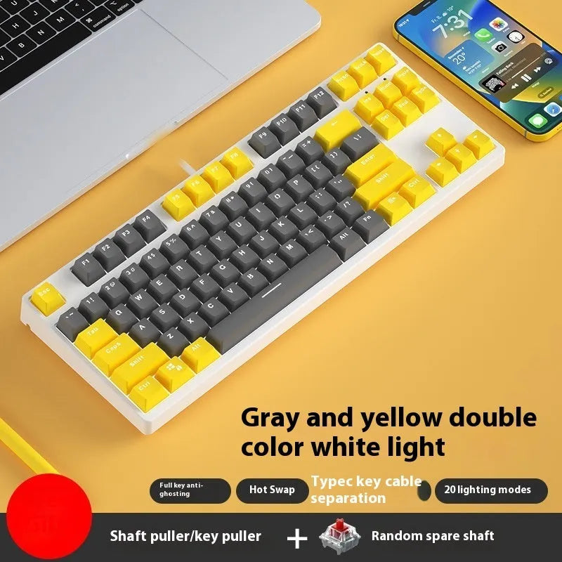 87-key wired mechanical keyboard with hot-swappable sockets showing colour options and included accessories