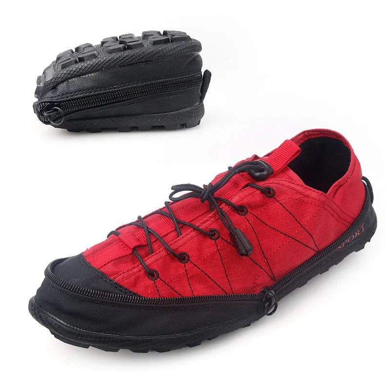 Orange portable folding outdoor hiking shoe with mesh upper and side zipper