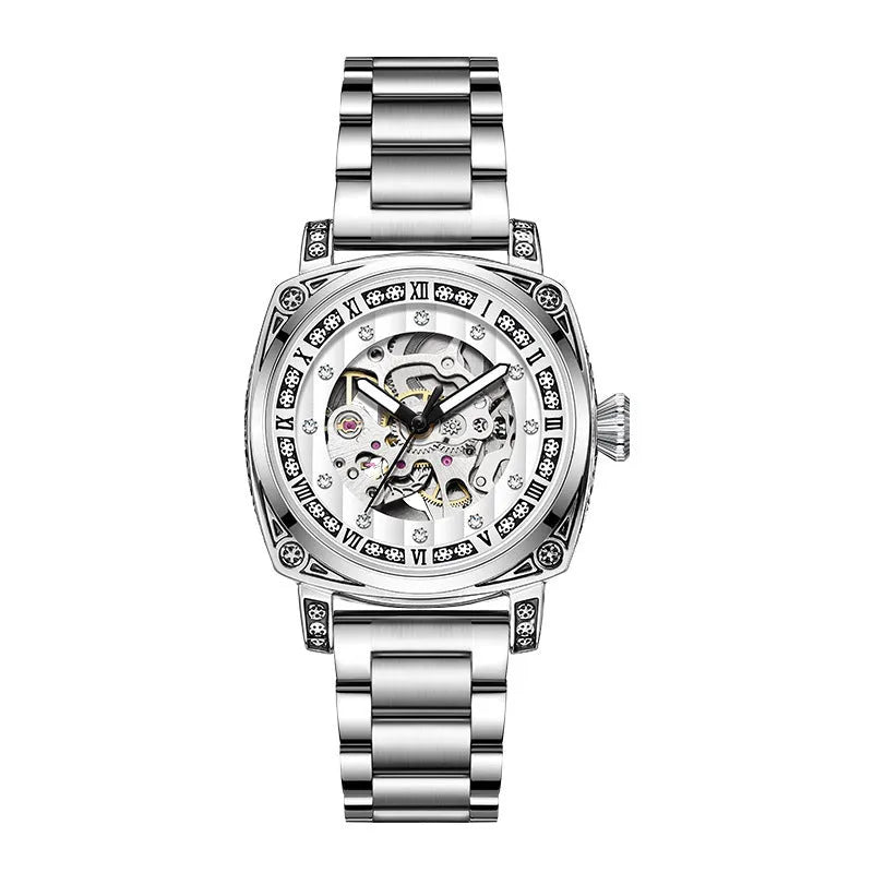 Leather strap mechanical watch with luminous hands on a wrist, showing black dial variant.