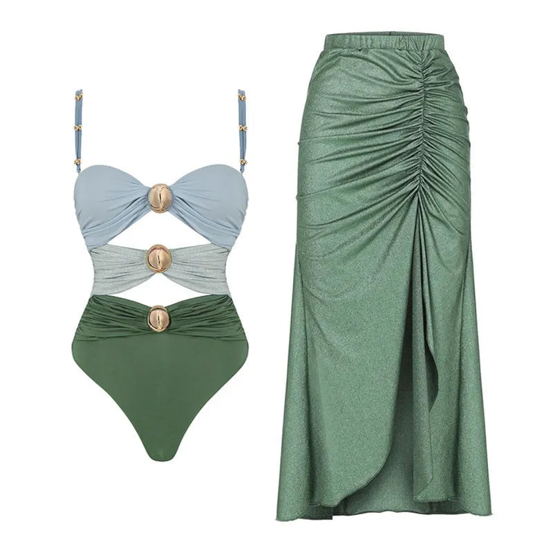 Women's high waist split bikini set in yellow or green nylon fabric for beach and swimming sports