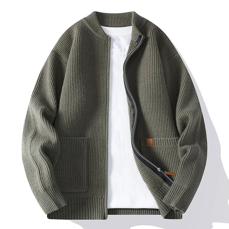 Men's striped sweater cardigan jacket in a polyvinyl alcohol fibre blend, shown in beige colour.