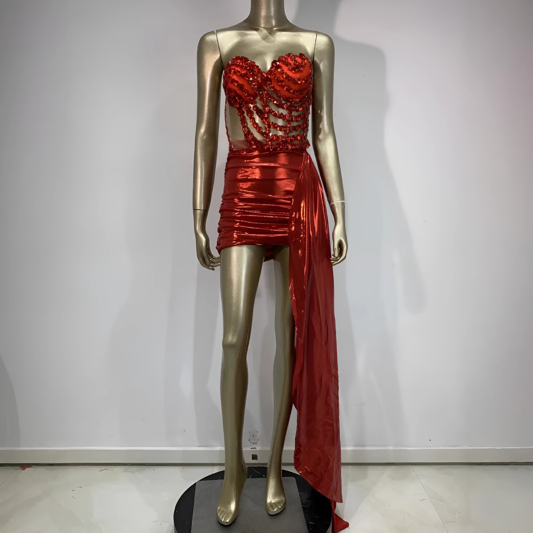 Red spandex skirt suit with hollow mesh see-through design for stage and banquet events