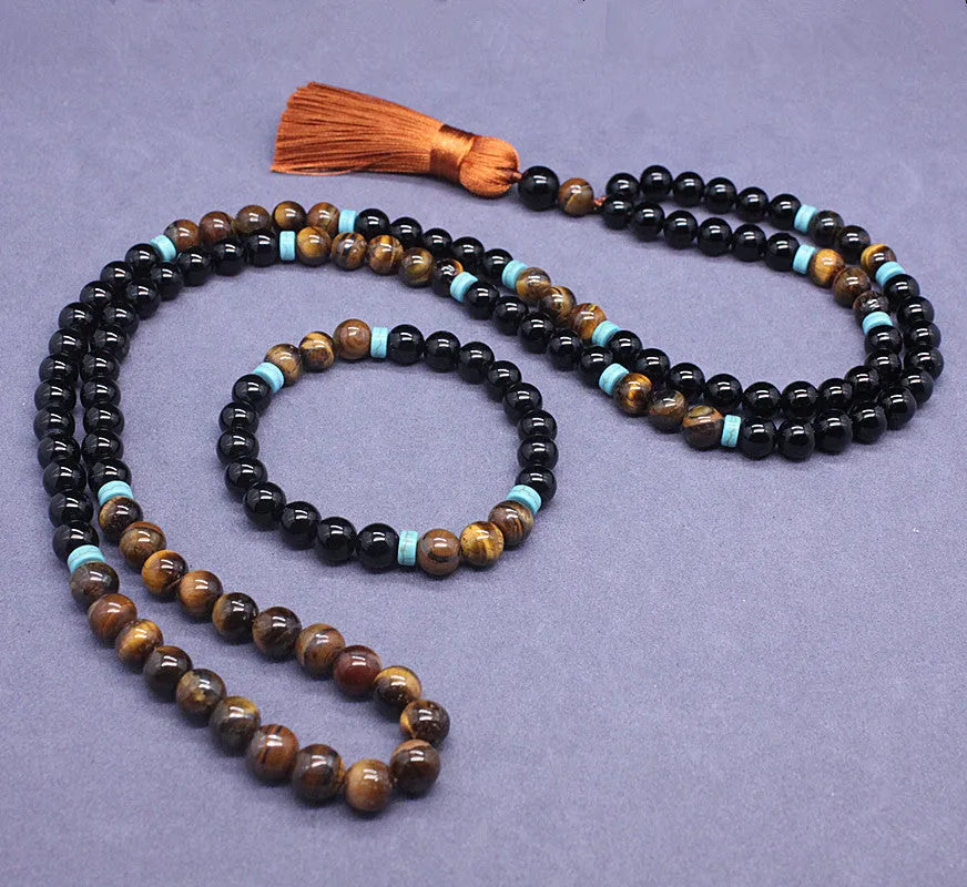 Black agate bracelet and necklace set with tiger eye ornament geometric jewellery