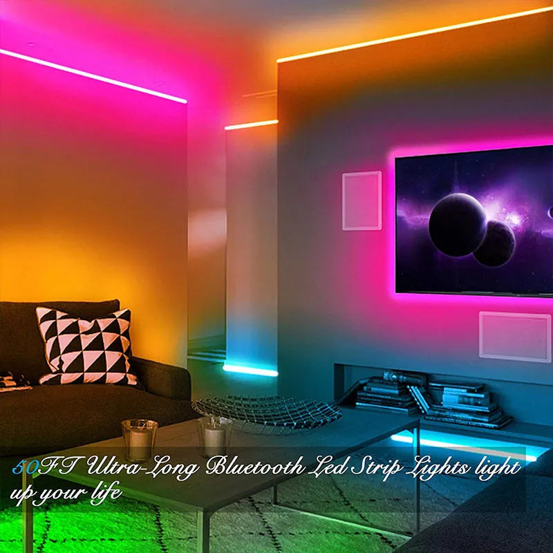 Bluetooth controlled RGB LED light strip kit with remote on a reel, showing waterproof silicone coating option.
