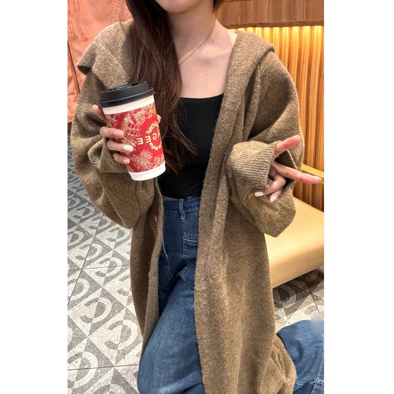 Korean style women's long hooded knit cardigan in oatmeal colour, loose fit.