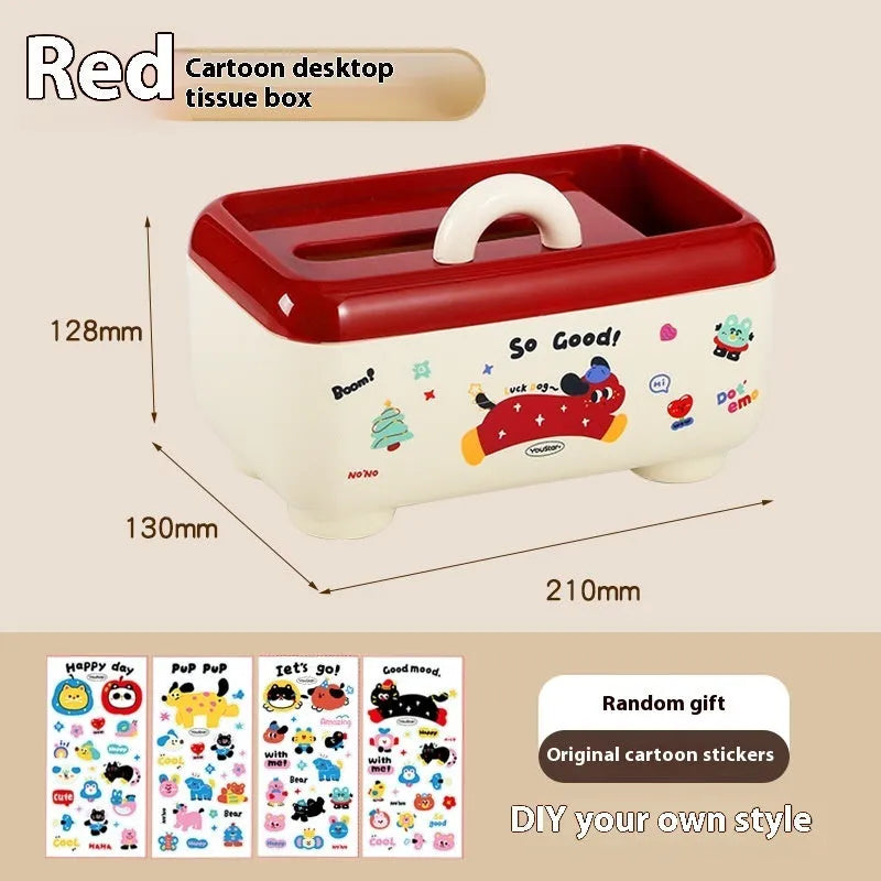 Cartoon design plastic desktop organiser with storage box, pen container, tissue box and coin bank accessories in red and brown colours