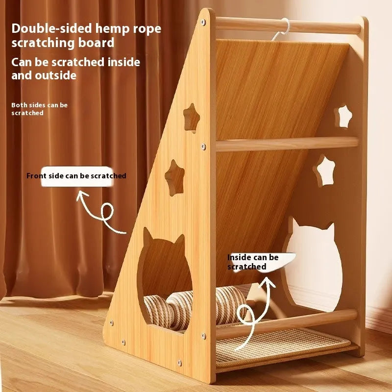 Vertical wall-mounted cat scratch board with sisal surface and hemp rope ball attachment