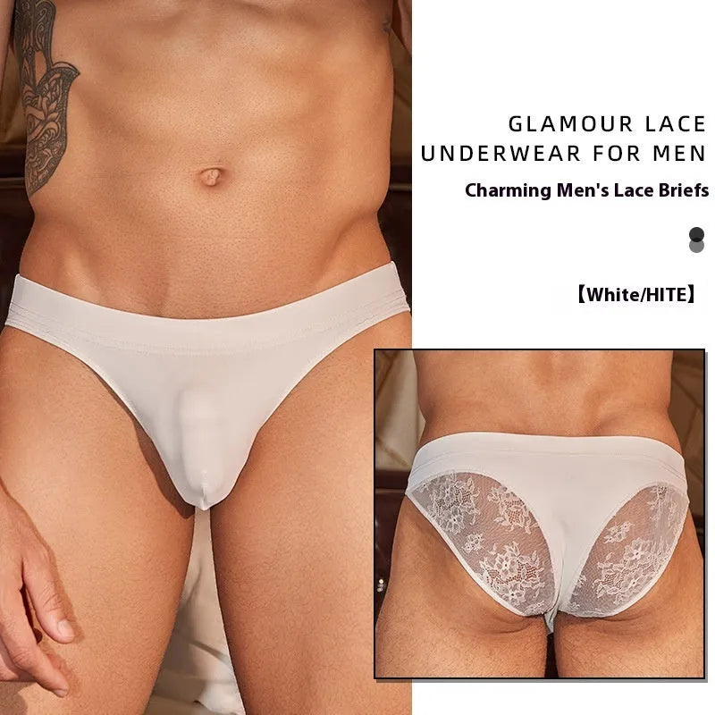 Men's black shark skin lace briefs with hip small style and free-size fit