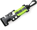 Fluorescent green metal safety glove clip with reflective tape for PPE organisation.