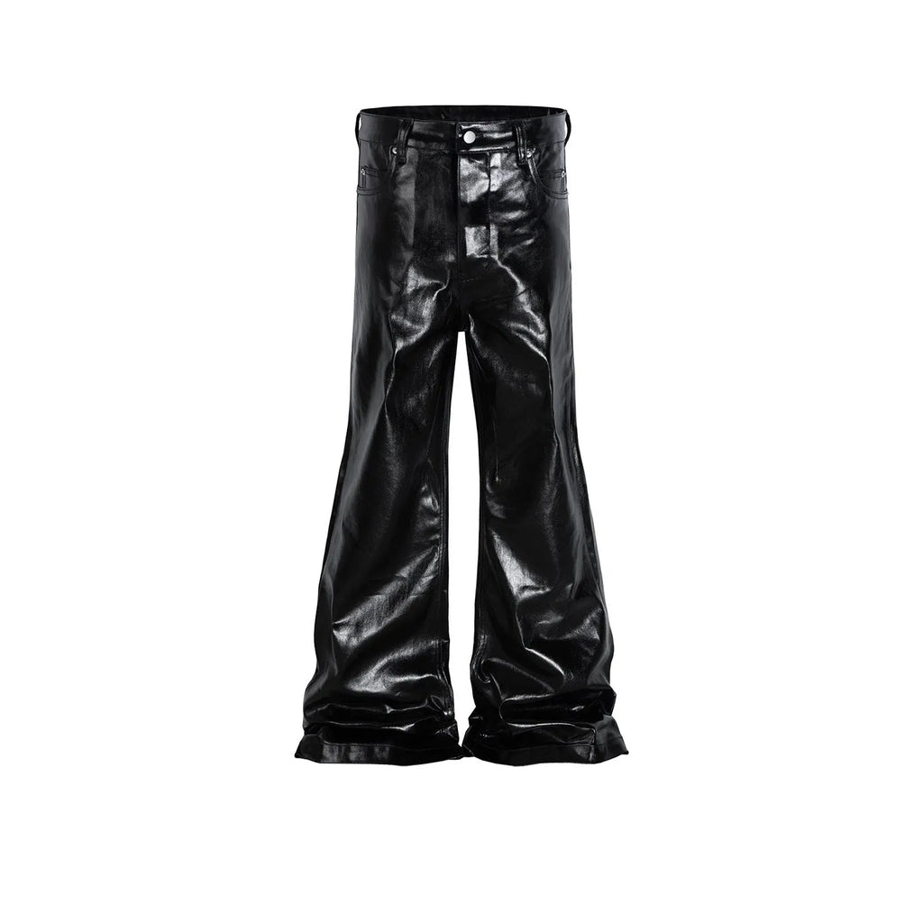 Black women's skinny jeans with a shiny patent leather-look coating and straight leg.