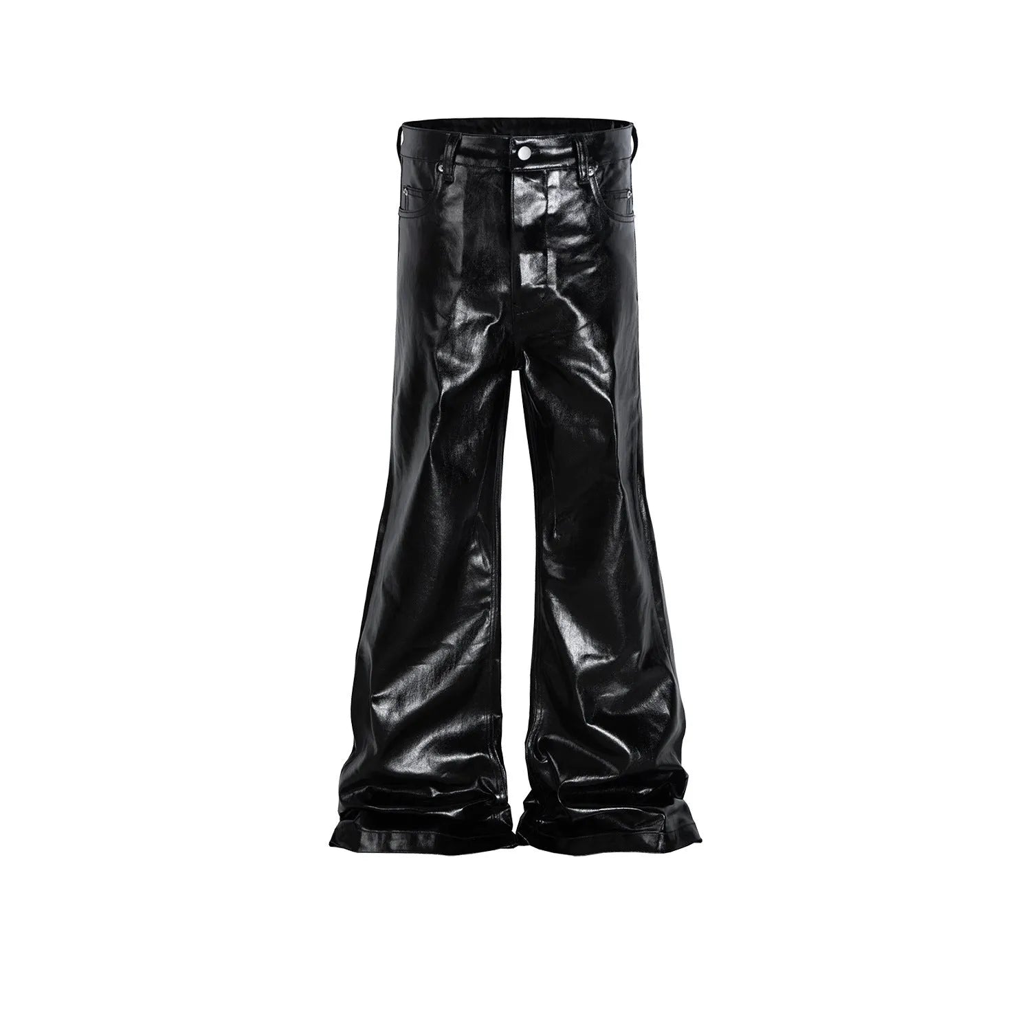 Black women's skinny jeans with a shiny patent leather-look coating and straight leg.