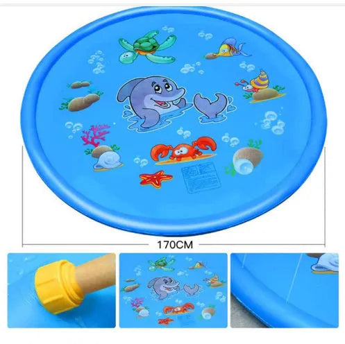Blue PVC children's water spray mat with marine animal designs measuring 100cm by 170cm
