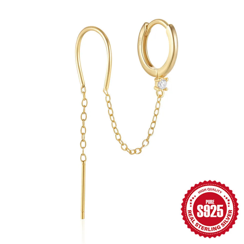 S925 sterling silver earrings with diamond flower tassel chain design and golden electroplated finish