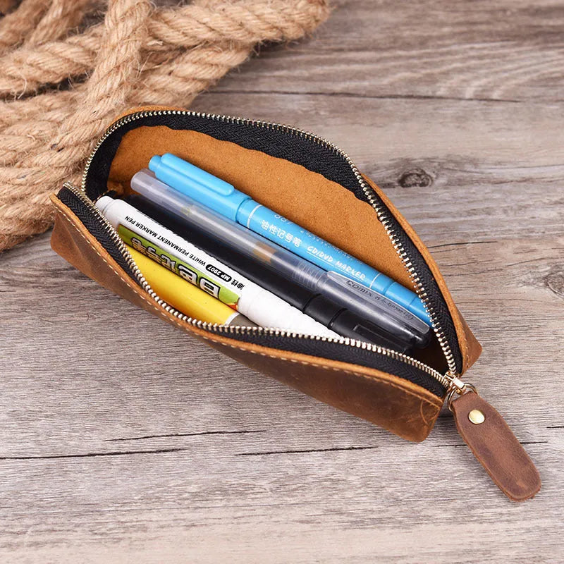 Handmade square leather pencil case with zipper in black, brown, dark brown, or yellow