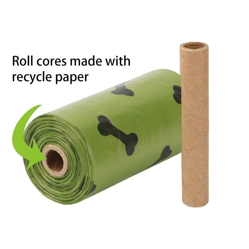 Roll of army green degradable dog waste bags with black bone print, showing bag size and dispenser.