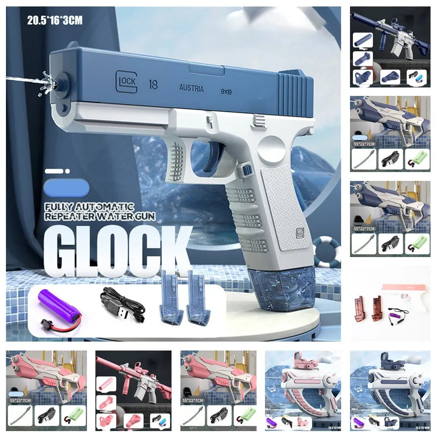 Blue electric water gun with automatic water absorption and USB charging cable