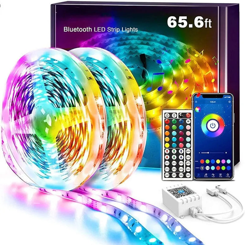 Bluetooth controlled RGB LED light strip kit with remote on a reel, showing waterproof silicone coating option.