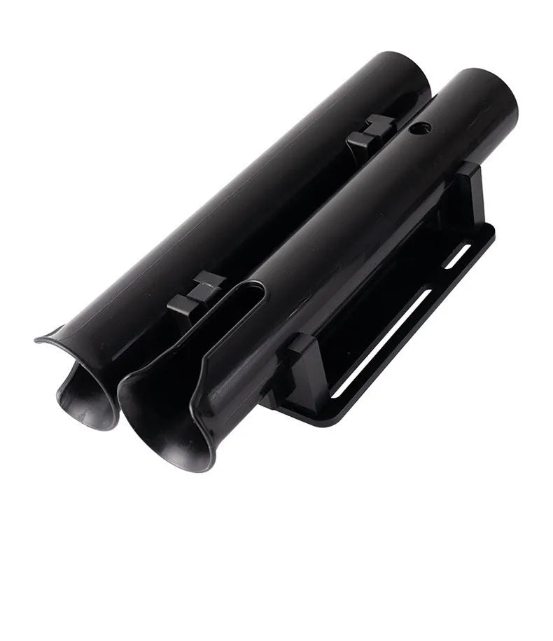 Plastic double-layer fishing rod rack clamped onto a bicycle frame tube