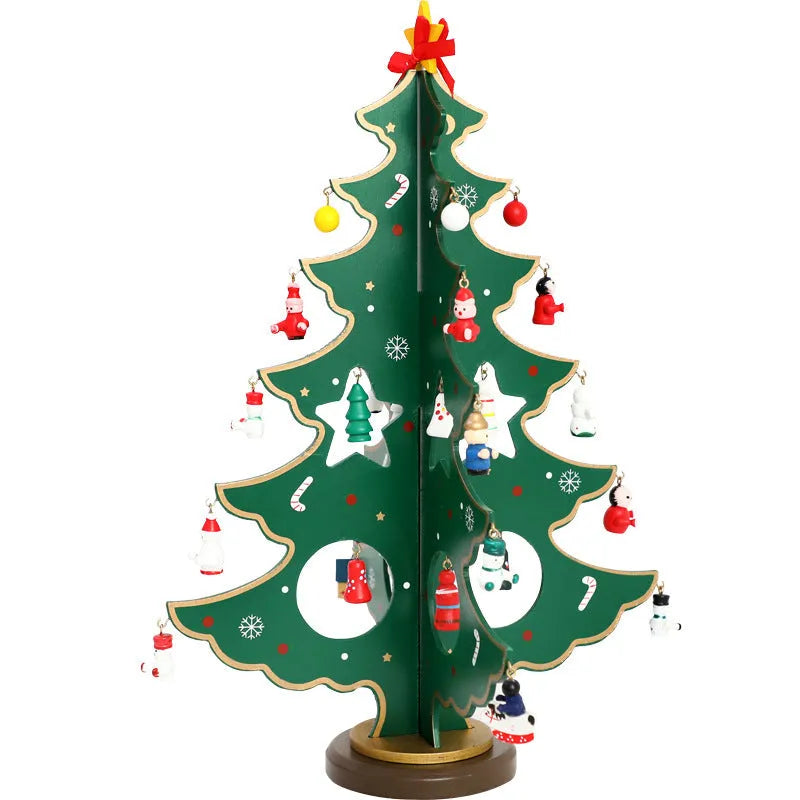 Hand-painted wooden Christmas tree desktop decoration in red and green, 36cm tall