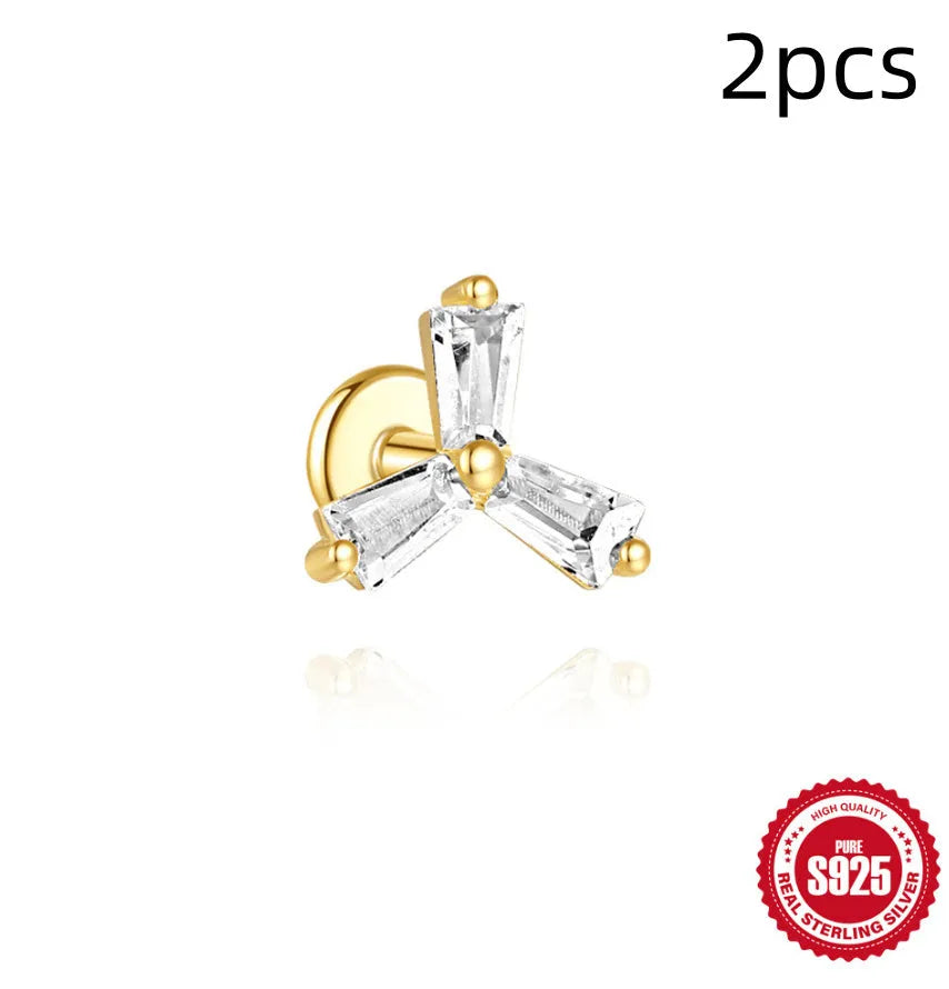 S925 sterling silver geometric chain stud earrings with zircon inlay in golden designs