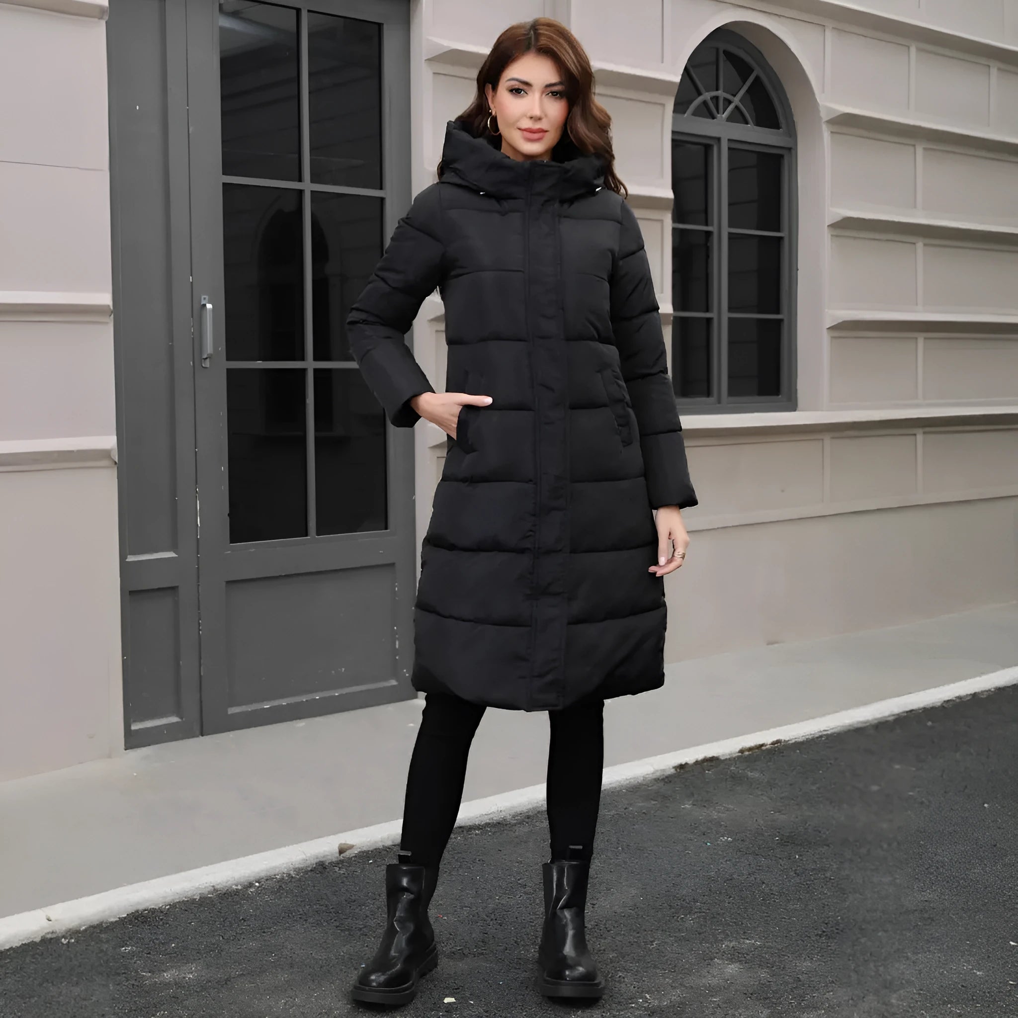 Men's black slim fit hooded jacket with long sleeves made from thickened polyester fabric