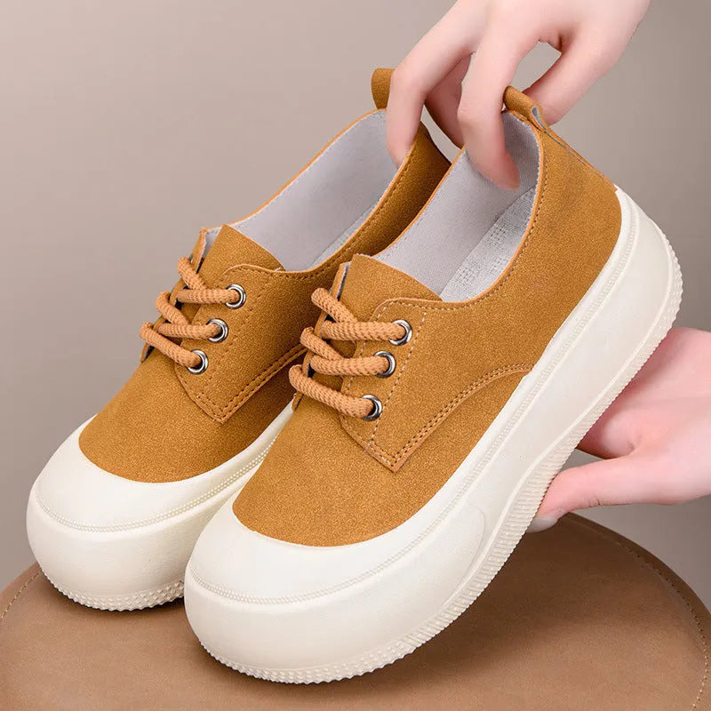 Women's camel suede platform loafers with lace-up front and a flat 4CM rubber sole.