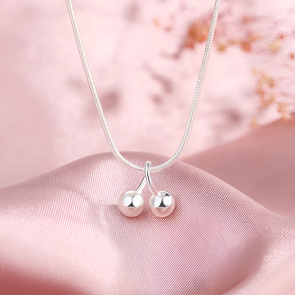 S925 silver cherry necklace with adjustable snake bone chain, Korean style pendant.
